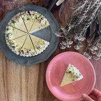 パッションフルーツとピーチパイナップルのローチーズタルト。美しいロースイーツです！  at Blue Point Falafel & Coffee in Yomitan