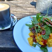 Vegan Aussie scramble and oat latte at Brown & Green Life in South East London