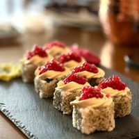 “Not caviar” Cream Cheese Sushi 🍣   at Dobro Top Vegan   in Dubai