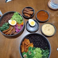 No-chicken bowl with black rice. No-meat bowl with seitan and red quinoa. Vegan egg. at Dobro Top Vegan   in Dubai