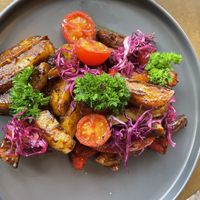 Happy cow „non meat“ with potatoes   at Dobro Top Vegan   in Dubai