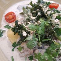 Polenta with creamy mushroom sauce and kale chips at Ravintola Lohtu in Helsinki