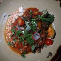 Caponata eggplant stew with fritted capers and lemon rice #Veganuary at Ravintola Lohtu in Helsinki