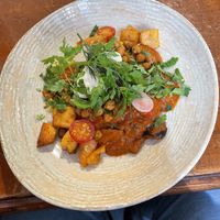 Warm dish of the day: eggplant in tomato sauce, tofu, chickpeas, vegan joghurt, ricee  at Ravintola Lohtu in Helsinki