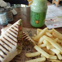 Falafel Wrap with fries (55 dh) and Fresh Mint Lemonade (30 dh) at Culture Box cafe in Fes