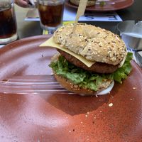 Vegan bagel with beyond meat burger  at Estrella Rhodes in Rhodes