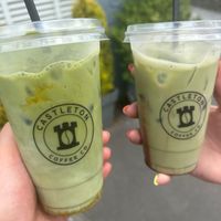 Mango coconut iced matcha & a cherry iced matcha at Castleton Coffee Co in Castleton
