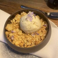Peach crumble with vegan ice cream   at Lovage  in Newcastle Upon Tyne