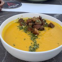 Carrot and turmeric soup with croutons   at Vegood in Vila Real De Santo Antonio
