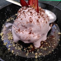 Lavender and brownie dessert (a bit eaten aswell) at Vegood in Vila Real De Santo Antonio