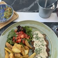 Vegan Seitan with delicious sauce and wedges🤩🤩  at Vegood in Vila Real De Santo Antonio