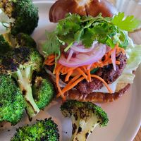 Banh Mi Burger with charred broccoli! at Buddha Belly Burger in Sacramento