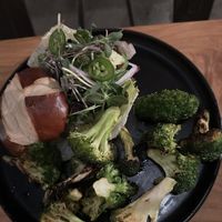 Lions mane burger with charred broccoli  at Buddha Belly Burger in Sacramento