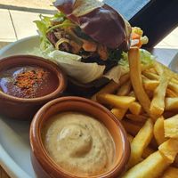 Carne Asada Burger and fries at Buddha Belly Burger in Sacramento