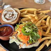 Banh MI Burger with friess  at Buddha Belly Burger in Sacramento
