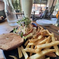 Bacon BBQ Burger, fries and avocado shake    at Buddha Belly Burger in Sacramento