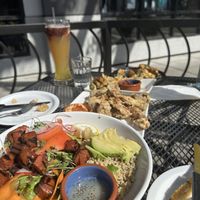 Salad with Maha mushrooms fish, corn ribs, and okra   at Buddha Belly Burger in Sacramento
