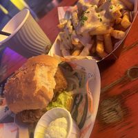 Chick’n burger with smothered friess  at Herbivorous Spark   in York