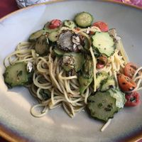Spaghetti with truffle and zucchini flowers   at Napoleone  in Florence