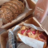 Strawberry bread combo, black sesame rosemary bread and red bean milk at Vegan Homemade - Sữa Hạt Thuần Chay & Bánh Tươi in Ho Chi Minh City