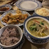 Green curry, battered veggies, coconut rice, garlic/ginger rice  at Black Cat Restaurant in Shanklin