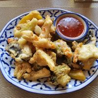 Tempura vegetables with sweet chilli dipping sauce at Black Cat Restaurant in Shanklin