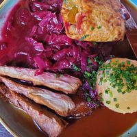 Crispy duck (left) and roulades (top right) with red cabbage, dark beer sauce and potato dumpling (had 2 shared plates) at DILL Vegan Gastronomie in Augsburg