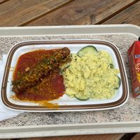 Vegan Currywurst and potato salad   at Panorama-Biergarten Bastei in Lohmen