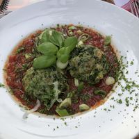 Spinach Dumplings with tomato ragout (no cheese)  at Neumannmühle Berghütte & Wirtshaus in Sebnitz