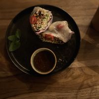 Vegan spring roll. Lots of fresh veggies, fantastic textures, and flavorful dipping sauce.   at Mali Thai in Olon