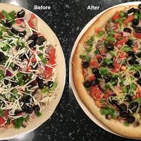 Before & after cooking. Garden Veggie on Original Crust with diary-free cheese (vegan) at Papa Murphy's in Rosemount