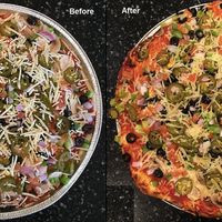 Before and after cooking. Garden Veggie on Pan crust with jalapenos & dairy-free cheese (vegan) at Papa Murphy's in Rosemount
