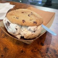 Chocolate chip cookie up top, chocolate chip cookie in between and brownie cookie on the bottom.   at The Baked Bear in Miami Beach