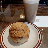 Chunky peanut butter cinnamon roll and iced Dark oat milk tea at Kim Yo Pan - Vegan Bakery in Taichung