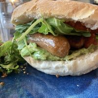 Vegan bap (my husband’s favorite, tasty fresh guacamole and great vegan sausages!)   at East Road in Dublin