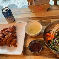 Seasoned fried „chicken“ and spicy cold buckwheat noodles.  at Vegan Insa - 비건인사 in Seoul
