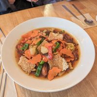 Sweet and Sour Mushroom with fried rice at Vegan Insa - 비건인사 in Seoul