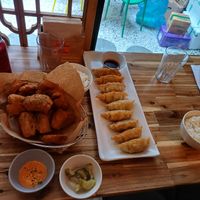 Fried dumplings and curry fries soy chicken at Vegan Insa - 비건인사 in Seoul