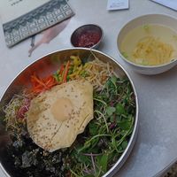 Bibimbap with a soup at Vegan Insa - 비건인사 in Seoul