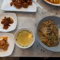 Bulgogi with accompaniments - soup, lotus root, kim chi at Vegan Insa - 비건인사 in Seoul
