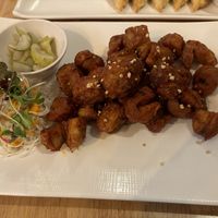 Korean fried chicken (and the Mandu in the background)  at Vegan Insa - 비건인사 in Seoul
