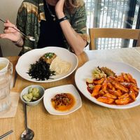 Kimchi tuna fried rice with extras and Tteokbokki (spicy!) at Vegan Insa - 비건인사 in Seoul