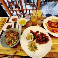 Dumplings, mushroom bulgogi, fried chicken, tteokbokki at Vegan Insa - 비건인사 in Seoul