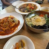 Tteobokti, sweet and sour shrimp, and bibimbap.  at Vegan Insa - 비건인사 in Seoul