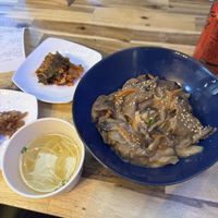 Bulgogi and rice (rice is underneath)  at Vegan Insa - 비건인사 in Seoul