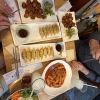 Spicy Korean chicken, fried dumplings, tteokbokki, bibimbap  at Vegan Insa - 비건인사 in Seoul