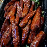 Seitan spare ribs dinner (rice and soup not shown)  at Veggie Fun in Providence