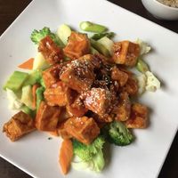 sesame tofu + brown rice  at Veggie Fun in Providence