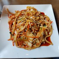 Kimchi udon noodle dish. Had good heat but the sauce was a little bland. 6.5/10 overall at Veggie Fun in Providence