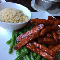 Meatless BBQ ribs. Yum-my!  at Veggie Fun in Providence